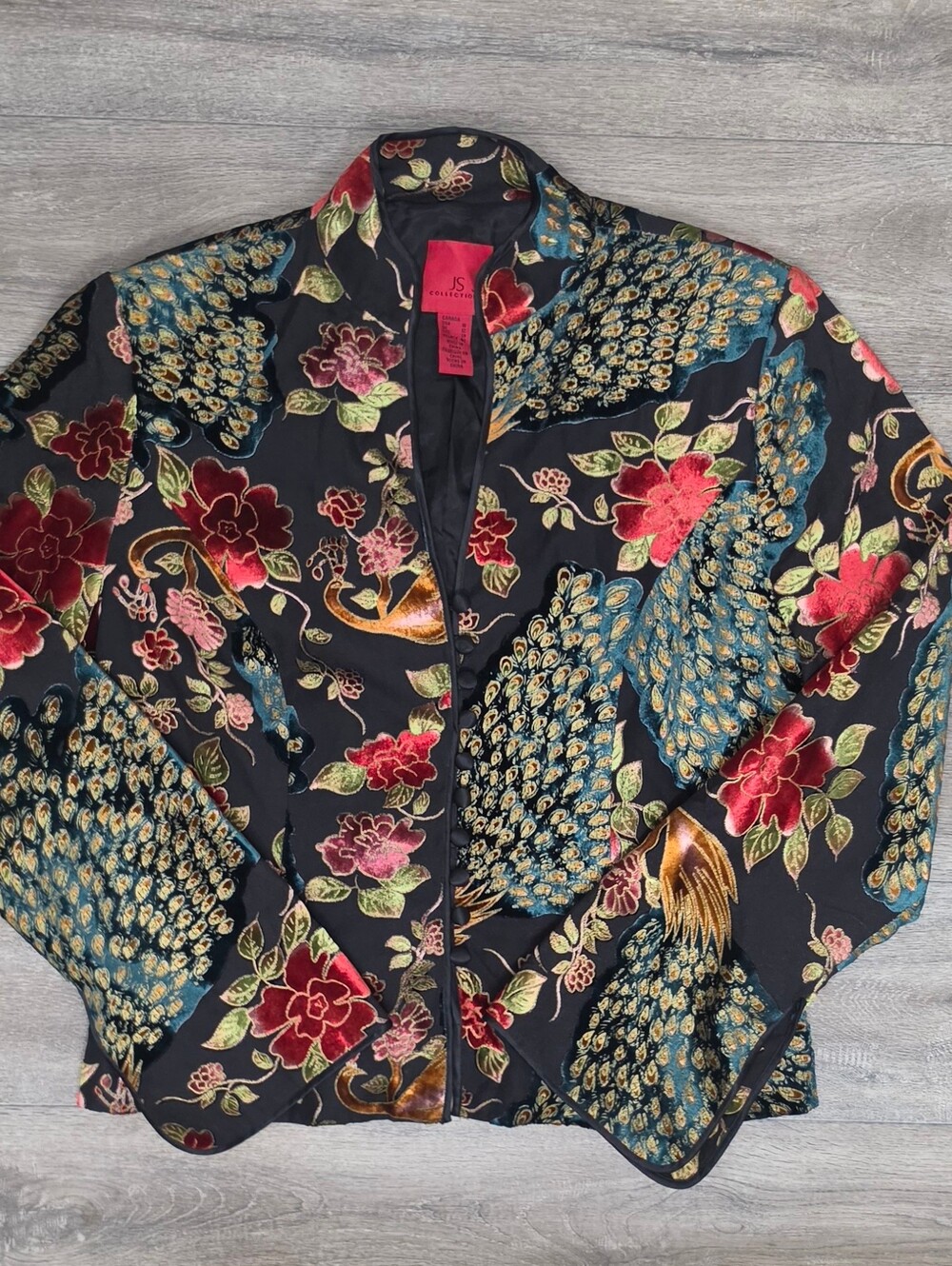 JS Collections Black Multi Rayon Silk Velvet Peacock Floral Jacket-Size 10